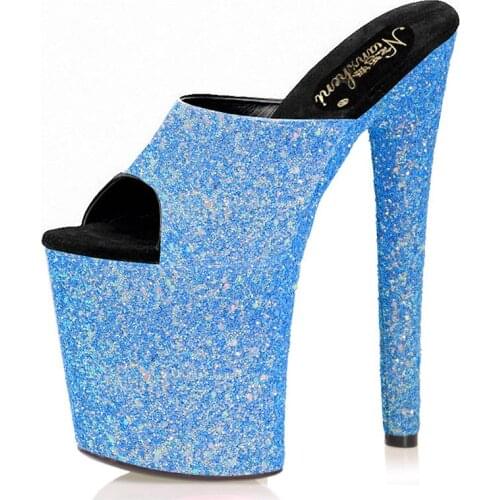 20CM Gray Blue Glitter Nightclub Sexy Fetish Pole Dance Shoes Party High Models Platform Slippers Women Stripper Heels Open Toe