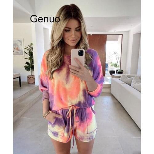 2020 Women Casual 2 Piece Set Printed Long Sleeve Top And Shorts Homesuit Nightgown Summer Tie-dye Clothes Sets Womens Outfits