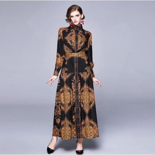 Womens spring autumn long sleeve vintage print long dress female runway fashion high waist plus size long dress TB755