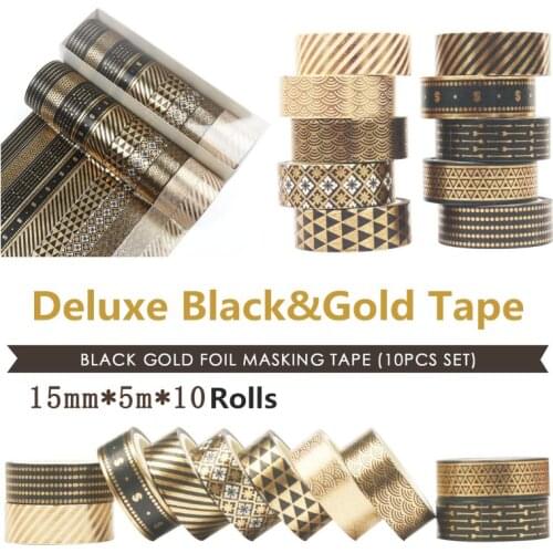 10Rolls/Set Black Gold Foil Washi Tape Set Paper Festival DIY Scrapbooking Adhesive Masking Tape Decorative Sticky Washi