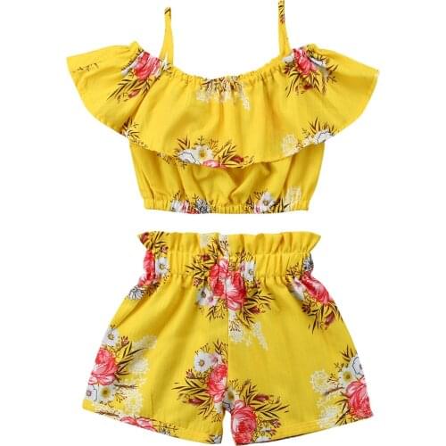 2PCS Kids Baby Girl Floral Halter Ruffled Fashion Sleeveless Tops Shorts Outfit Set Clothes