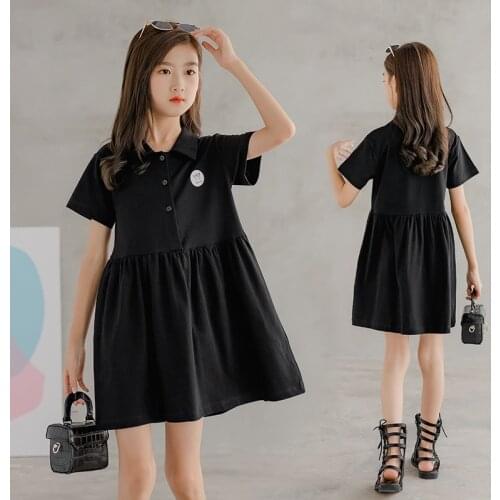 2021 Summer Teen Girls Black School Shirt Dress 10 12 13 14 years Pleated Cotton Dresses