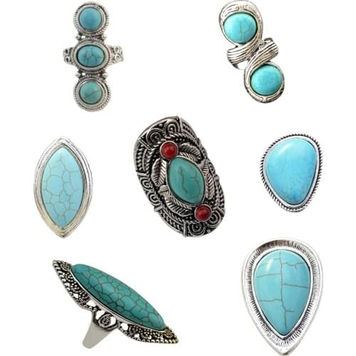 Bohemia Punk color Metal Big Round Green Stone Ring For Women Wedding Indian Oxidized Jewelry Turquoises Finger Adjustable Ring