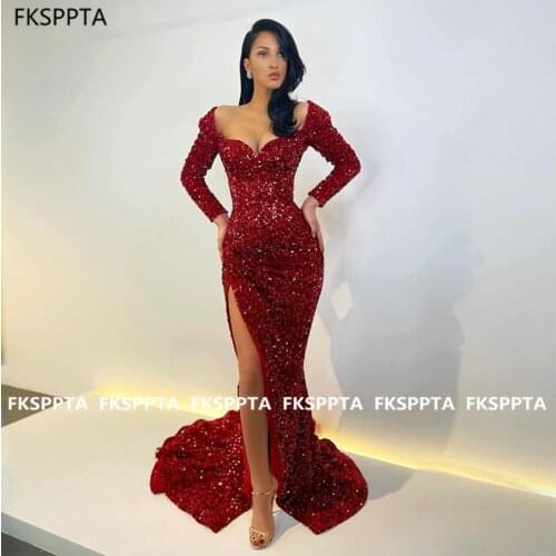 Burgundy Sexy Prom Dresses With Slit Long Sleeves Mermaid Sparkly Sequins Women Formal Dress Custom Made Wedding Party Gowns