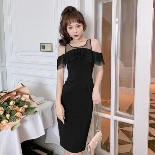 Korean Fashion Ruffle Patchwork Mesh Dress for Women Summer 2021 Corset Off Shoulder Sexy Dress Ladies Black Pink Dress Woman