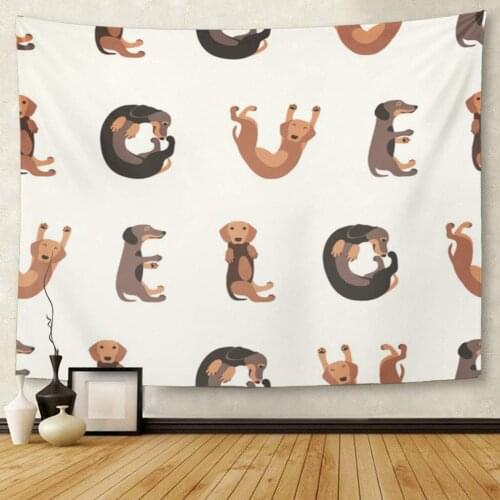 Brown Animal Flat Pattern Word Love of Dachshund Dogs Badger Breed Tapestry Wall Hanging for Living Room Bedroom Dorm 60x80 Inch