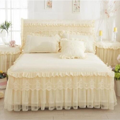 Beige/Pink 1pcs Lace Bed Skirt+2pcs Pillowcases Princess Bedding Bedspreads Fitted Sheet For Girl Mattress Cover King Queen size