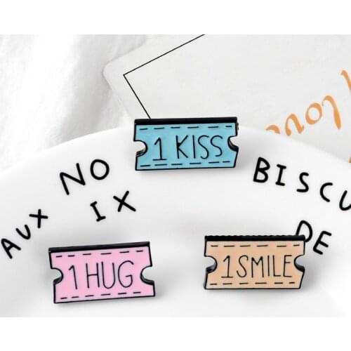 Cartoon pink blue yellow Tickets Enamel Pin 1 KISS 1 HUG 1 SMILE Coupon Badge Brooches Lapel Pins Love Jewelry Gift for Lover