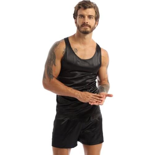 Men Soft Satin Pajamas Nightwear Sleeveless Tank Top Shorts Sleepwear Nightwear Clothes Summer Casual Sport Nightgown Loungewear