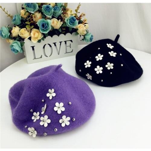 Newest Winter Wool Flower Beret Hat Cap Girls Sweet French Painter Kids Bonnet Caps For Girls 3-10 Years