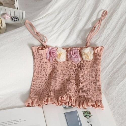 New 2021 Women Spaghetti Strap Camisole Tank Ladies Summer Cropped Tops Sexy Chic 3D Flower Elastic Crop Corset