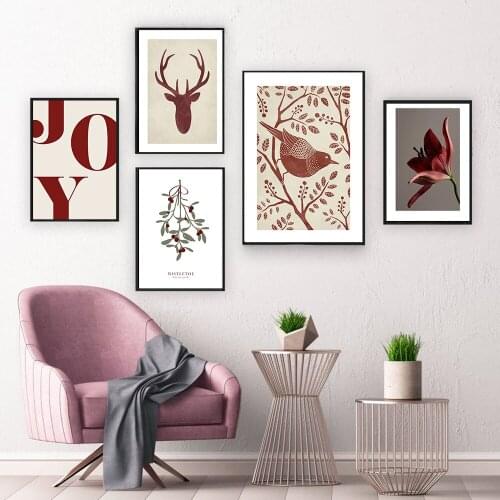 Nordic Quote Poster Print Joy Christmas Bird Antlers Flowers Canvas Painting Wall Art Picture Modern Interior Livingroom Decor