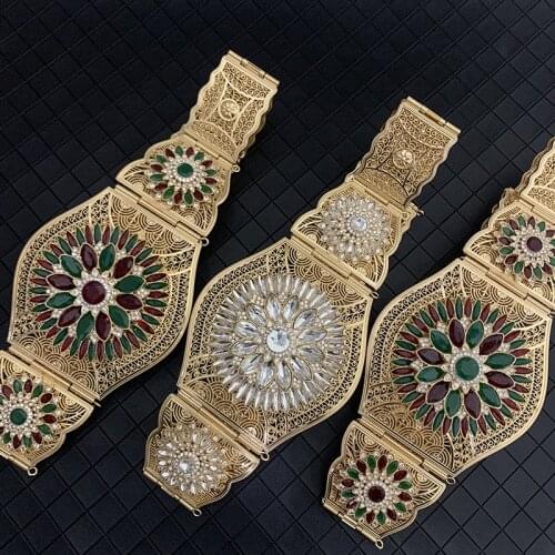 Arab Fashion Belt for Womens Robe Decorative Jewelry Chain Gold Luxury Bride Waist Chain Full of Rhinestone Hollow Flowers Belt