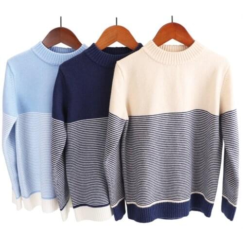 Teenagers Boys Pullover Autumn Winter Warm Wool Cotton Sweater 2-10 11 12 13Years Boys Black Blue Beige Striped Thick Knitwear