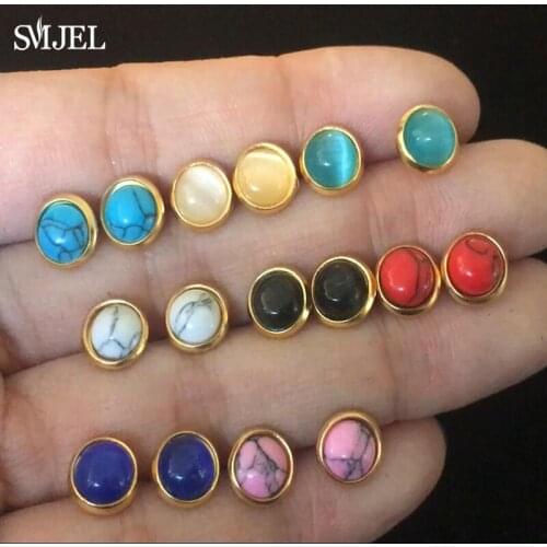 New Colorful Stone Earrings Women Stainless Steel Earring Studs Ear Piercing Birthstone Gem Boys and Girls Earrings Jewelry
