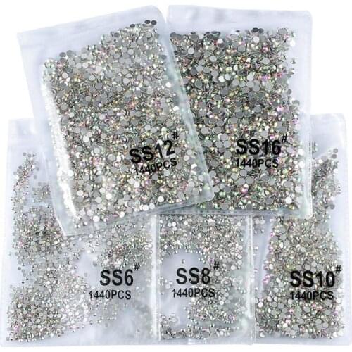 1440pcs Clear Crystal AB Glass 3D Rhinestones For Nail Art Design Non HotFix FlatBack Nail Art Rhinestones SS3-SS20