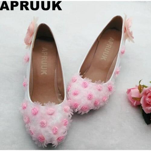Pink color flowers wedding shoes women med heel round toes handmade brides shoes plus size lady party dress shoes