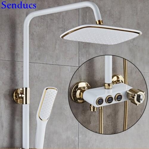 Senducs Thermostatic Shower Set White Gold Bathroom Shower System Quality Brass Bathtub Faucet Newly Intelligent Gold Shower Set