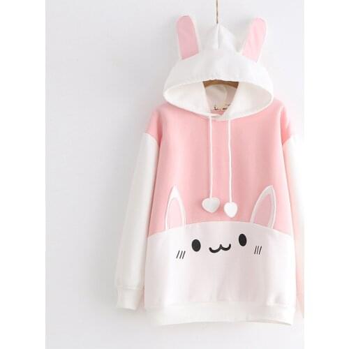 Cute Rabbit Ears Fall Winter Womens Loose Hoodies Thicken Warm Pullovers Long Hooded Ruffles Tops Cute Patchwork