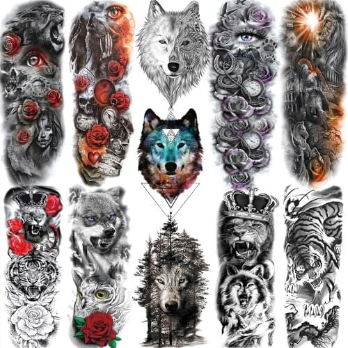 DIY Waterproof Wolf Tiger Lion Temporary Sleeve Tattoos For Men Women Full Arm Colorful Tatoos Sticker Realistic Long Body Art