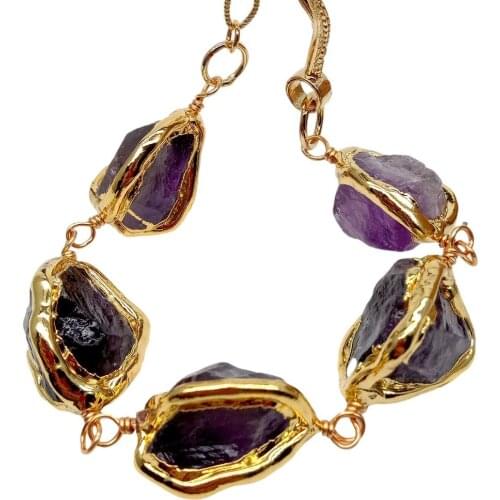 Y·YING Natural Purple Amethysts Rough Nugget With Electroplated Edge Bracelet 8"