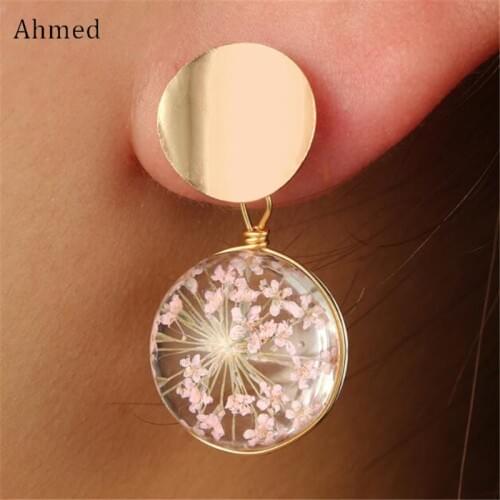 Ahmed Transparent Ball Earrings Gold Color Sequin Drop Dangle Hanging Earring for Women Fashion Dried Flower Jewelry Wholesale