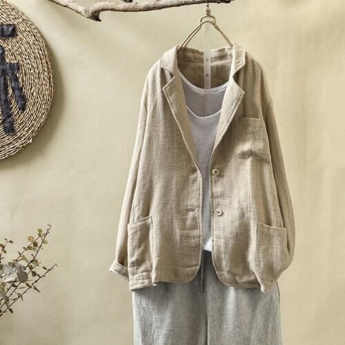 New Arrival 2020 Autumn Arts Style Women Long Sleeve Single Breasted Casual Blazers Double Pocket Cotton Linen Coats Brazer M273