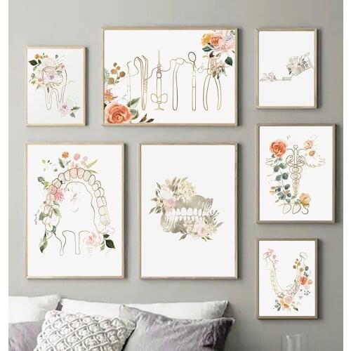 Teeth Flower Dentistry Tool Oral Care Wall Art Canvas Painting Posters And Prints Wall Pictures Dentist Office Decor Aesthetic
