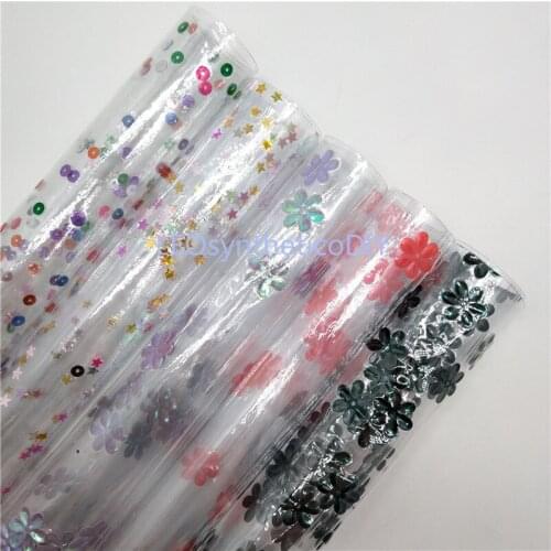 1PC 21X29CM See Through PVC with Flowers Sequins Leather Sheets For Making Bows LEOsyntheticoDIY T295A