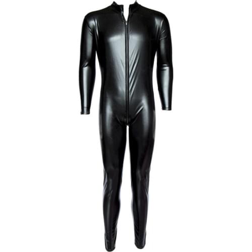 Black Wet Look Faux Leather Catsuit Sexy Lingerie for Men Spandex Bodysuit Hot Clubwear Erotic Male Costume XXL XXXL Plus Size
