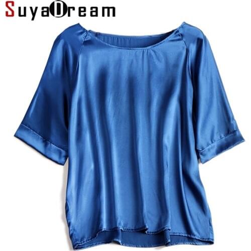 SuyaDream Women Solid T Shirt 100%Silk Satin Slash Neck Short Batwing Sleeved Chic Shirt 2021 Spring Summer Black Silk Top