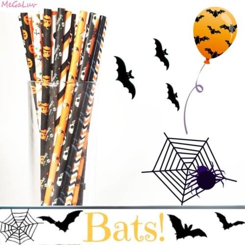Halloween Paper Straws Pumpkin Bat Spider Web Skeleton Pattern Disposable Drinking Straws Halloween Party Decoration Supplies