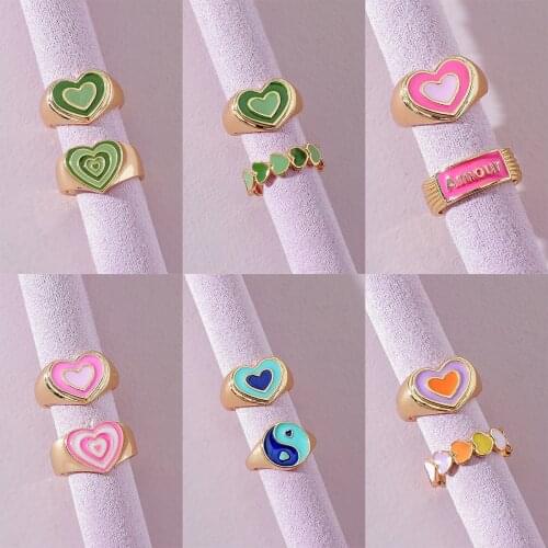 2pcs New Colorful Multilayer Lovely Heart Ring Set for Women Trendy Korean Y2K Glossy Dripping Metal Enamel Ring Couple Jewelry