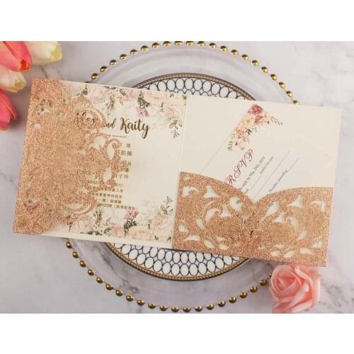 Free shipping 50X Champagne glitter Rose gold wedding invitations envelope personalized RSVP laser cutting pocket fold invite
