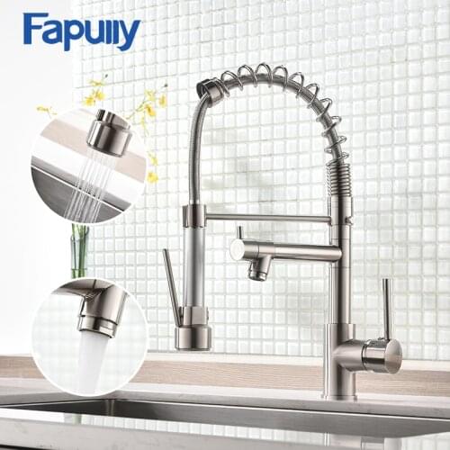 Fapully Spring Pull Down Kitchen Faucet Brushed Nickel Chrome Crane 2 Outlet Spray Dual Spouts 360 Swivel Kitchen Mixer Taps 191