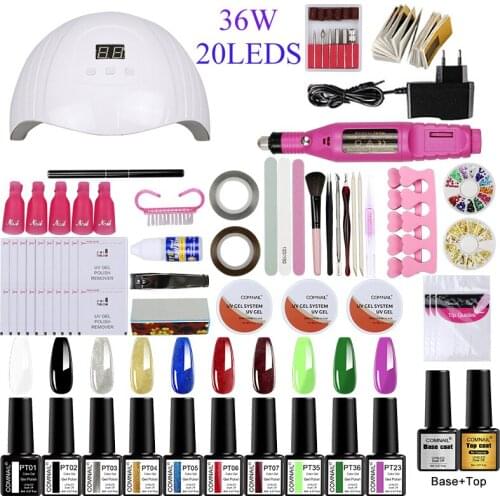 Nail Gel Kit 36W 20LEDs With Nail Drill 10 Colors Nail Polish for Salon Use Nail Art Design With Base Top Coat Extension Gel