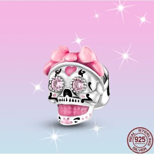 HOT SALE 100% 925 Sterling Silver Pink Skull Charm Beads Fit Original Pandora Bracelet Pendant Necklace Jewelry
