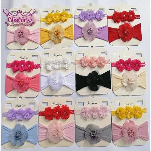 Nishine 2pcs/set Fashion Handmade Chiffon Flowers Elastic Hairband Cute Baby Girls Headband Princess Headwear Photography Props
