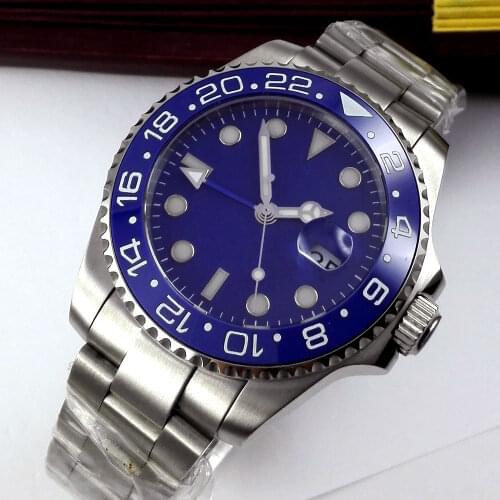 40mm Big Blue Face Mens Watch Sapphire Glass Ceramic Turning Bezel Luminous GMT Function Automatic Movement Wristwatch