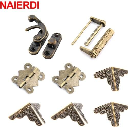 NAIERDI 8PCS/Set Antique Bronze Padlock Wooden Box Hasp Lock Mini Suitcase Cabinet Hinges Vintage Box Feet Leg Corner Protector