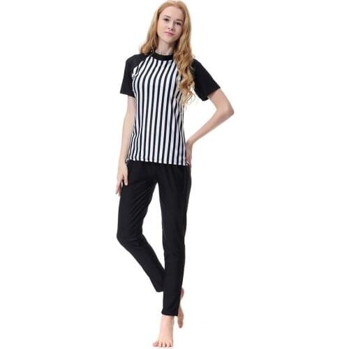 New Muslim Swimwear Women Vertical Stripes Short Sleeves Top And Soild Color Pant Swimming Suits