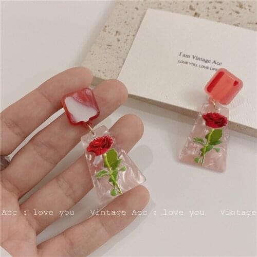 Transparent Pink Acrylic Resin Rose Earrings Irregular Geometric Trapezoidal Flower Stitching Drop Earrings for Women Gifts