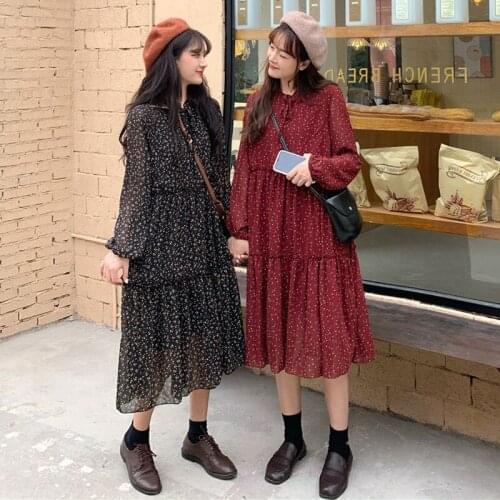 Plus Size 4XL Spring Autumn Fashion Dress Women Flowers Print Chiffon Dress Long Sleeve Ladies Elegant Midi Dress With Bow