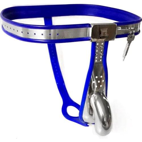 Blue Silicone Stainless Steel T Type Male Chastity Belt Lock Cbt BDSM Sex Toys For Men Chastity Device Penis Cage Bondage