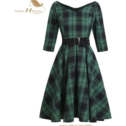 SISHION Autumn 3/4 Sleeve Green Plaid Women Party Dress England Turn Down Belt British Rockabilly 50s Vintage Vestidos VD1647