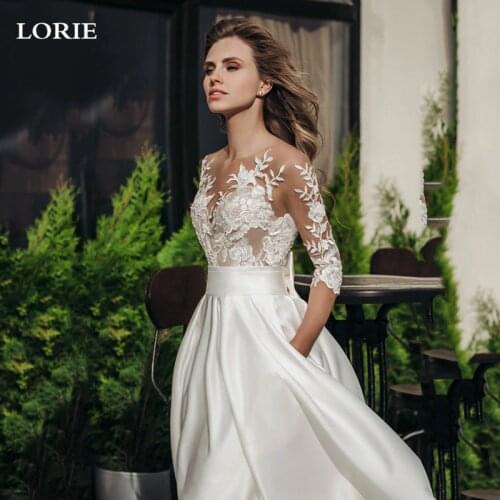 LORIE Fashion Bohemian Wedding Dresses Half Sleeve Top Lace Bridal Gown Vestido De Novia Satin Paincess Wedding Party Gown 2021
