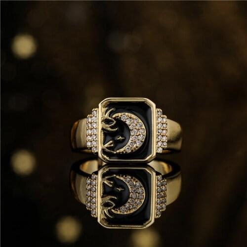 Vintage Bohemian Oil Dripping Copper Jewelry Luxury CZ Pave Setting Moon Geometric Open Ring For Women Wholesale Femme Bijoux