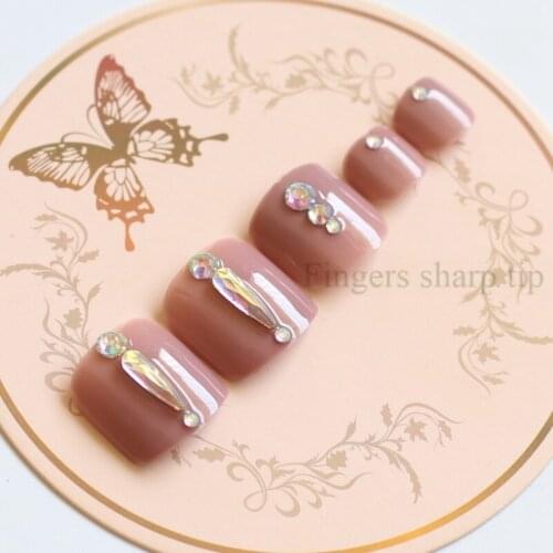 2020 High-grade High quality fashion full drill handmade round toe fake nail crystal drill 24PCS light brown #N31