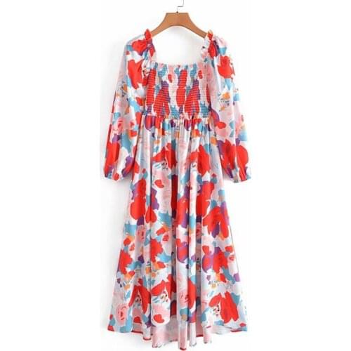 YENKYE Multicolor Print Holiday Boho Long Dress Women Sexy Square Neck Long Sleeve Casual Summer Dress Ladies Vestido