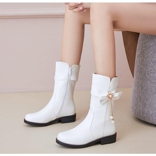 YQBTDL Fashion White Pink Black Butterfly-knot Crystal Chain Party Wedding Shoes Chunky Heels Princess Mid Calf Boots Female 43